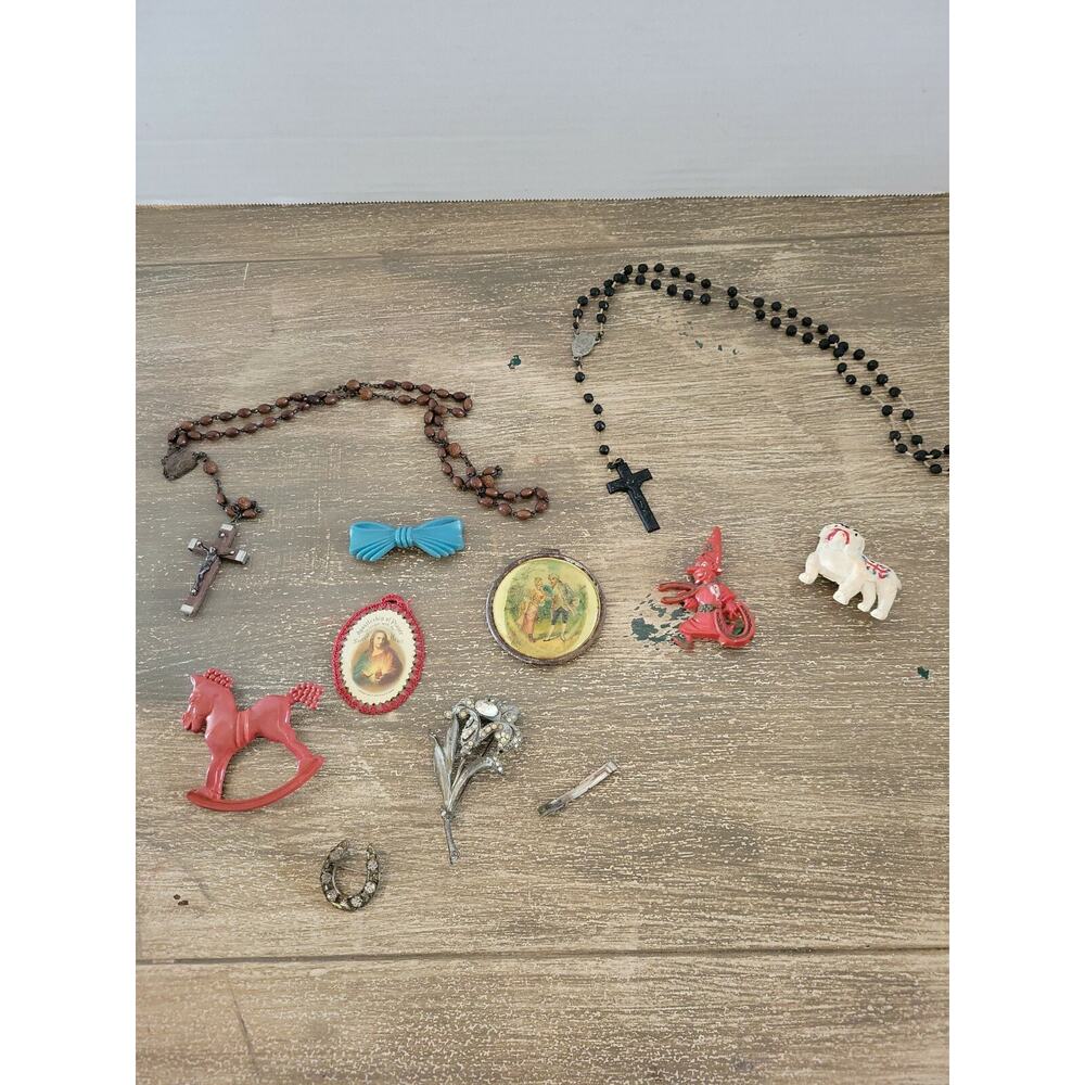 Lot Of Vintage Rosaries And Broaches And Pins And More